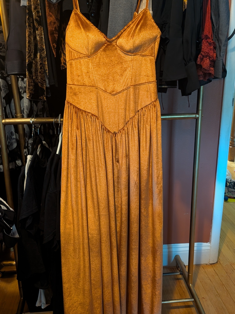 Burnt Organic Velvet Maxi Dress with Spaghetti Straps